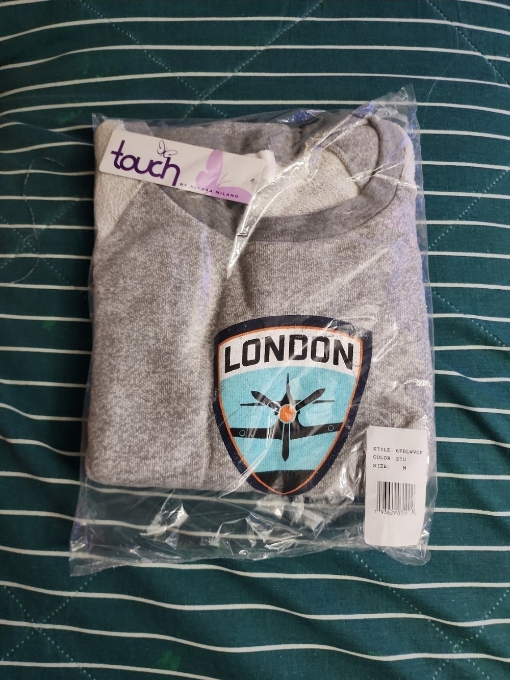 Touch by Alyssa Milano Gray Crewneck Sweater with Blue London Shield Patch
